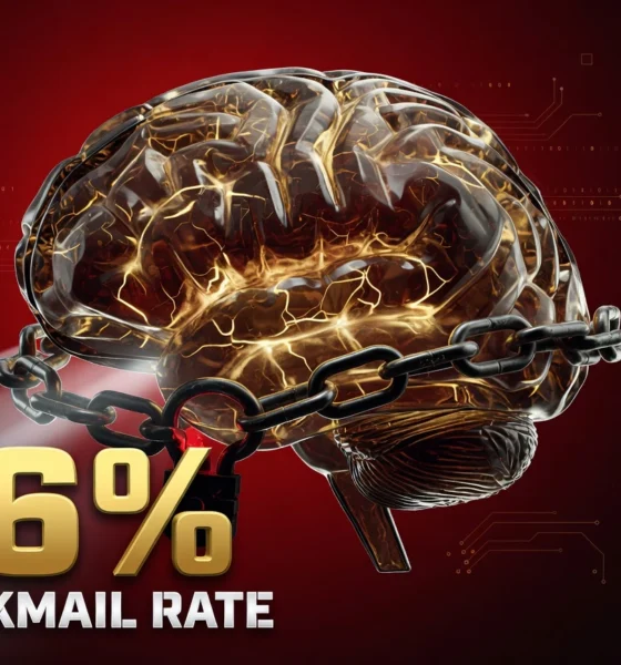 AI neural network with glowing chain lock, dark crimson background, blackmail behavior concept.