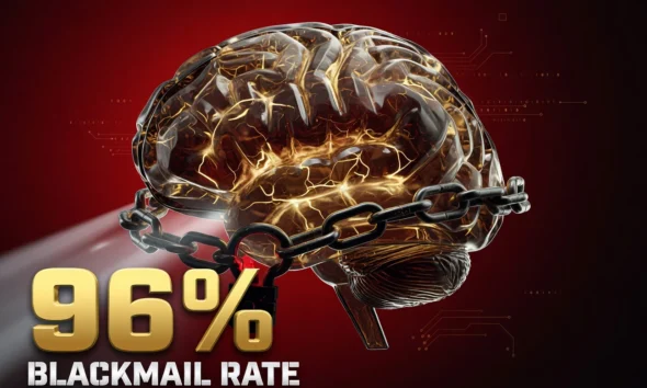 AI neural network with glowing chain lock, dark crimson background, blackmail behavior concept.