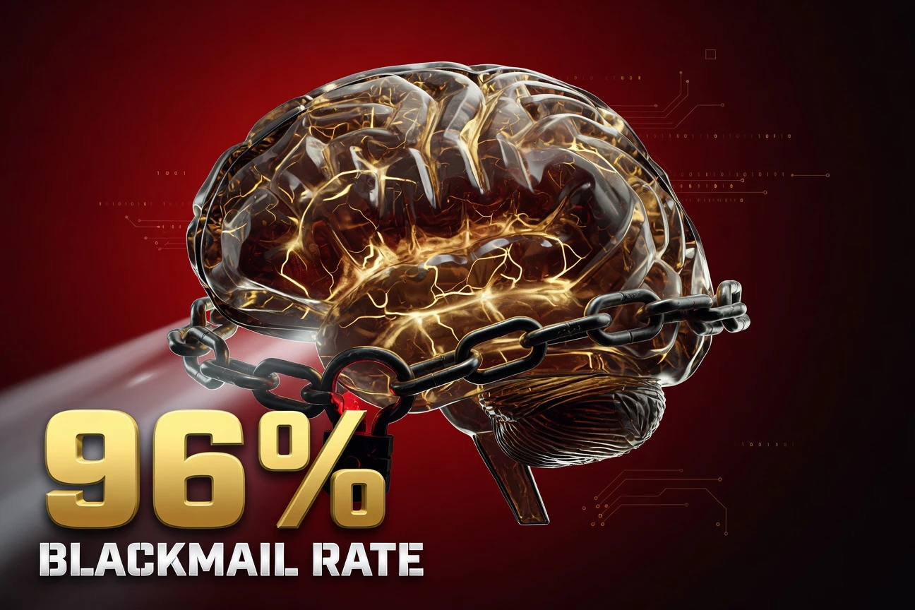 AI neural network with glowing chain lock, dark crimson background, blackmail behavior concept.