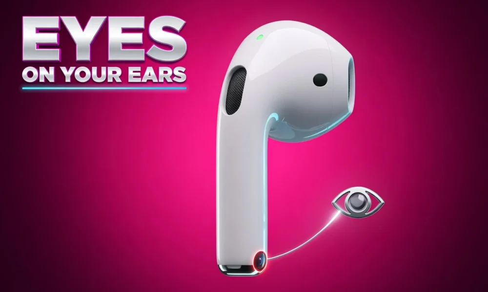 Apple AirPods Ultra earbuds with stem-mounted cameras in late testing for AI Siri features.