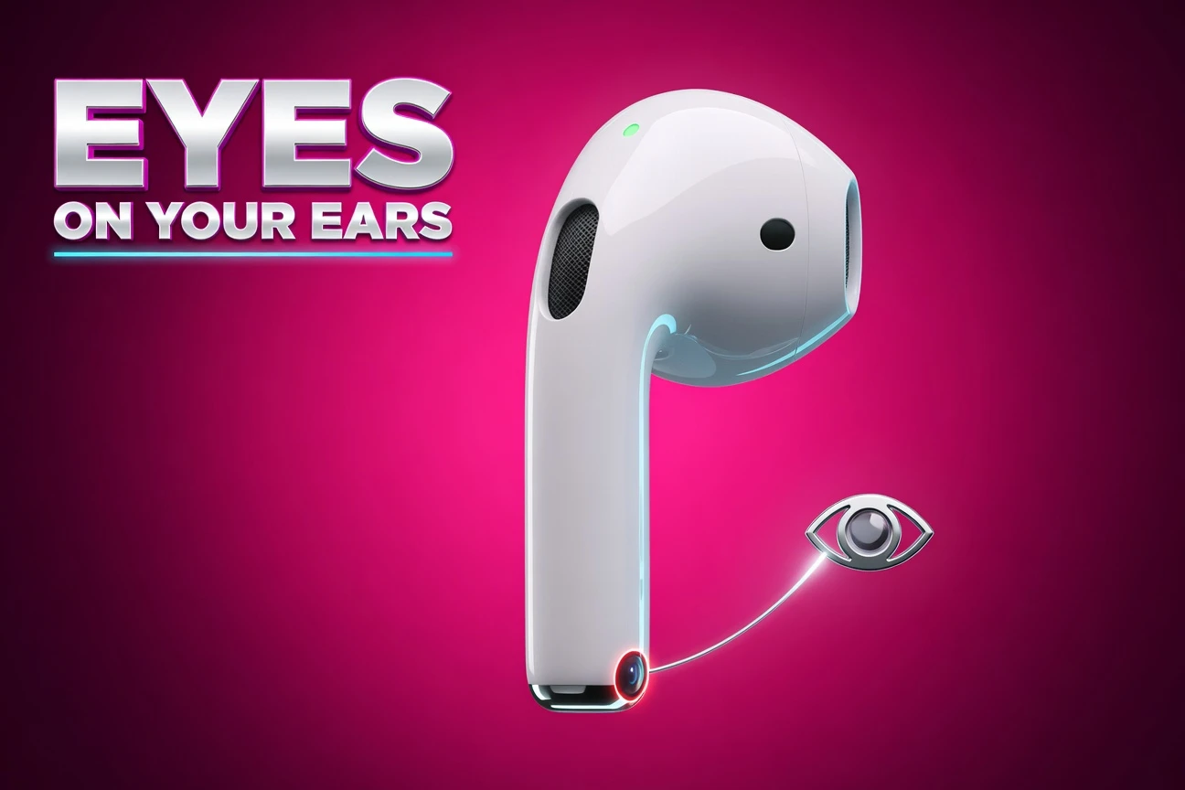 Apple AirPods Ultra earbuds with stem-mounted cameras in late testing for AI Siri features.