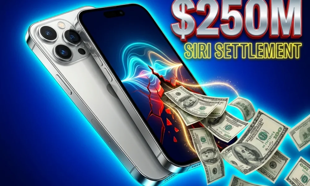 Apple iPhone 16 settlement payout illustration showing 250 million dollar Siri lawsuit fund.