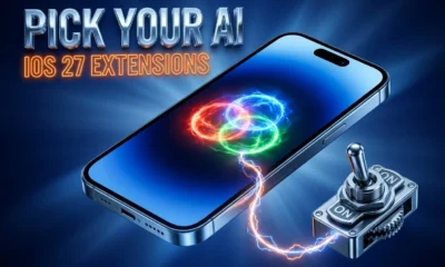 Apple iPhone with chrome AI selector toggle replacing Siri default model.