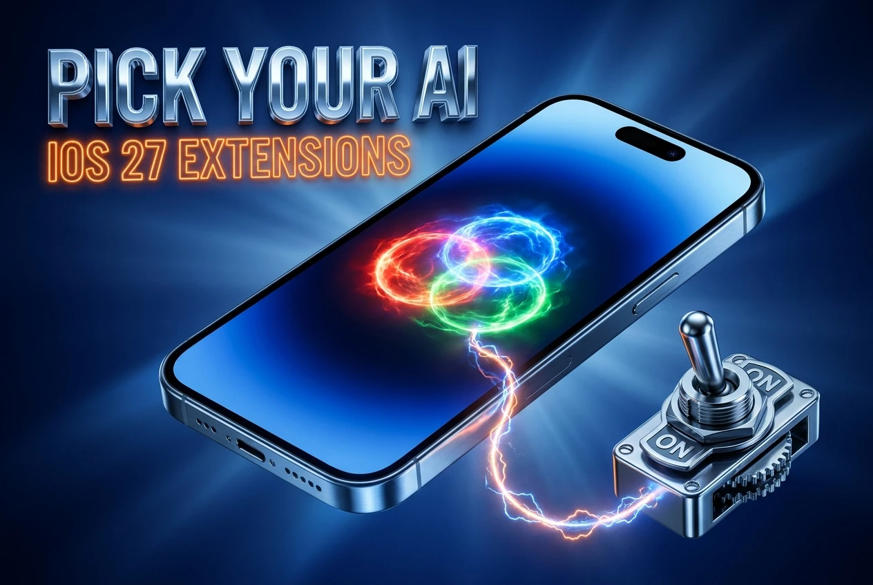 Apple iPhone with chrome AI selector toggle replacing Siri default model.