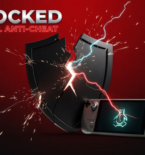 Arc Raiders kernel-level anti-cheat warning shield over Steam Deck Linux gameplay scene.