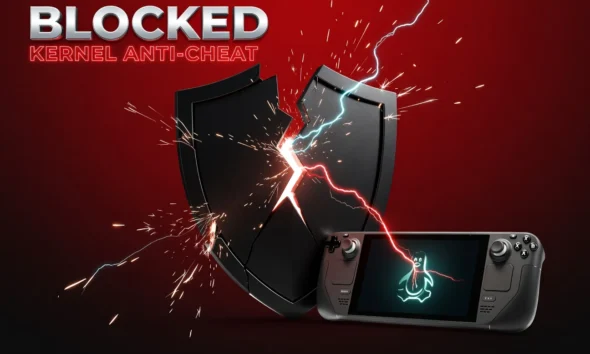 Arc Raiders kernel-level anti-cheat warning shield over Steam Deck Linux gameplay scene.