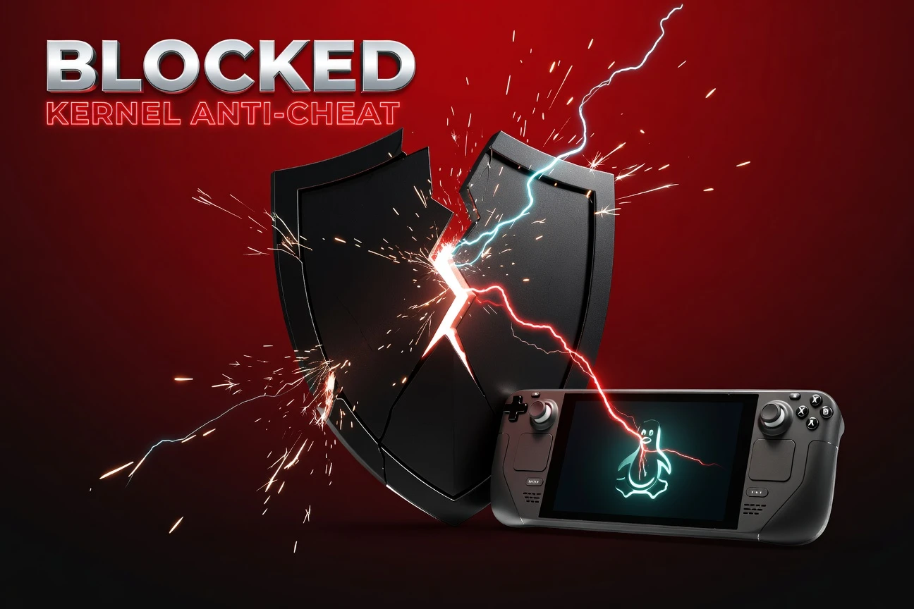 Arc Raiders kernel-level anti-cheat warning shield over Steam Deck Linux gameplay scene.