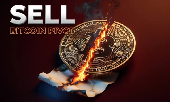 Bitcoin coin cracking open above a falling dividend check illustrating Strategy bitcoin sale pivot.