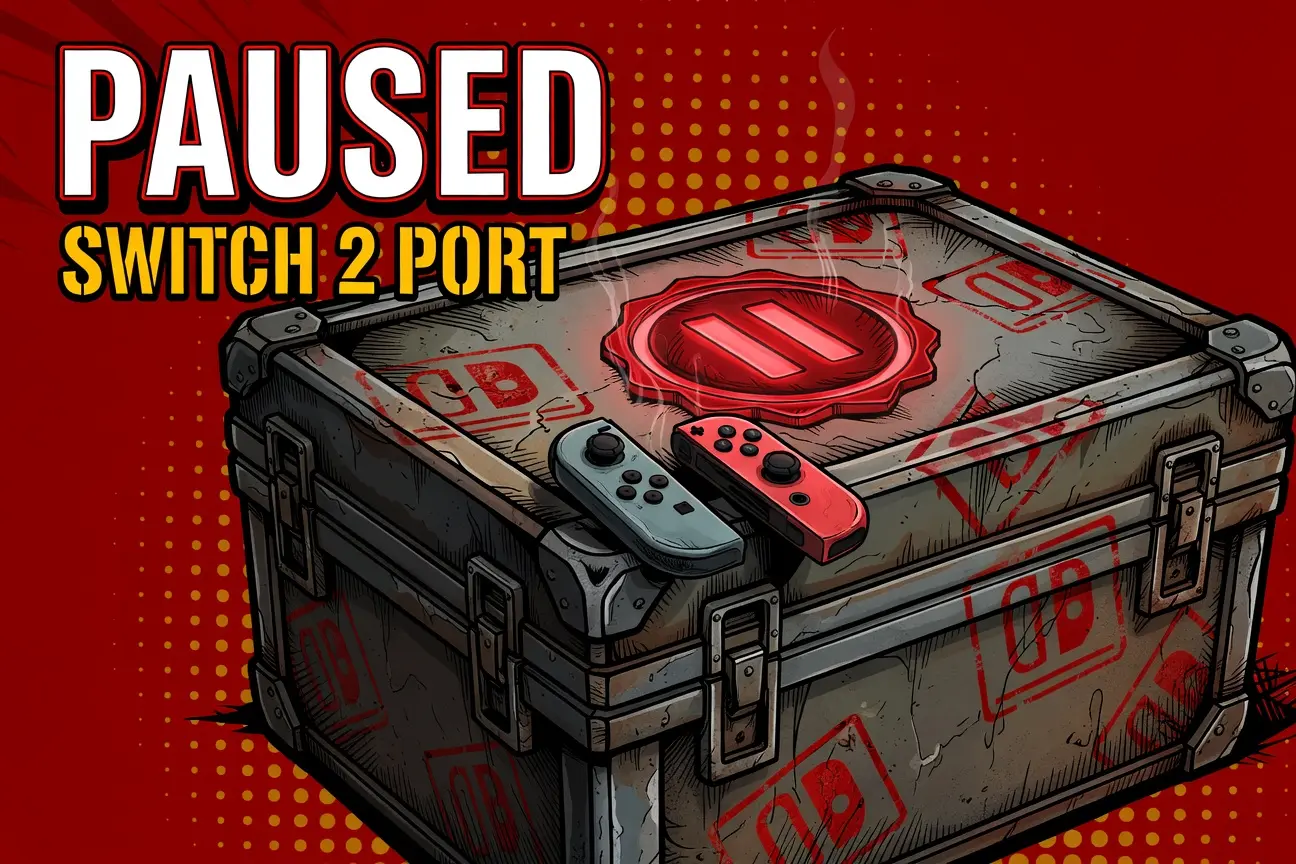 Borderlands 4 Switch 2 port paused with comic-style cargo crate and Joy-Con 2 pair on red.