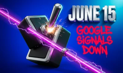 Broken industrial toggle switch with rerouted data conduit showing Google Signals June 15 ad change.