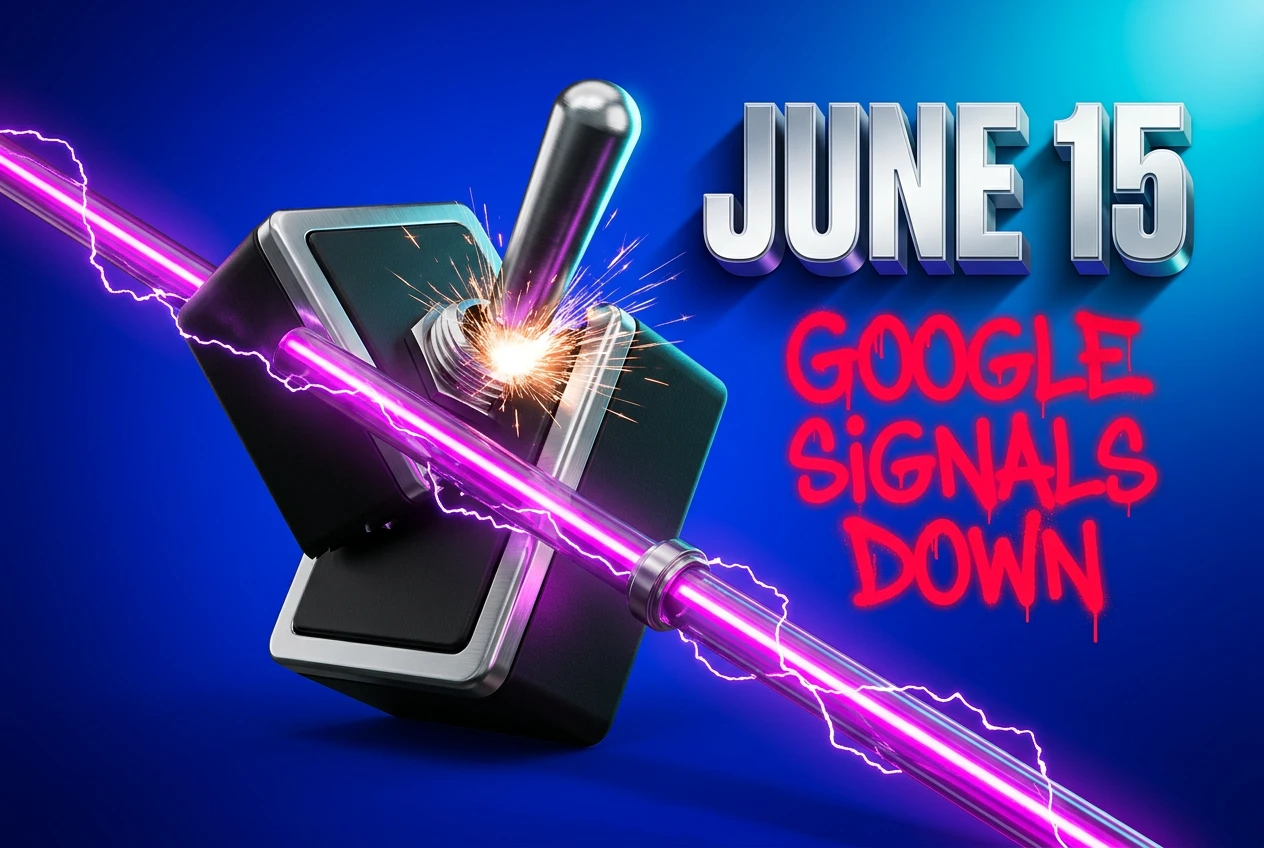 Broken industrial toggle switch with rerouted data conduit showing Google Signals June 15 ad change.