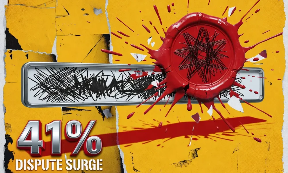 Browser address bar slammed by giant red void stamp showing UDRP domain dispute surge.