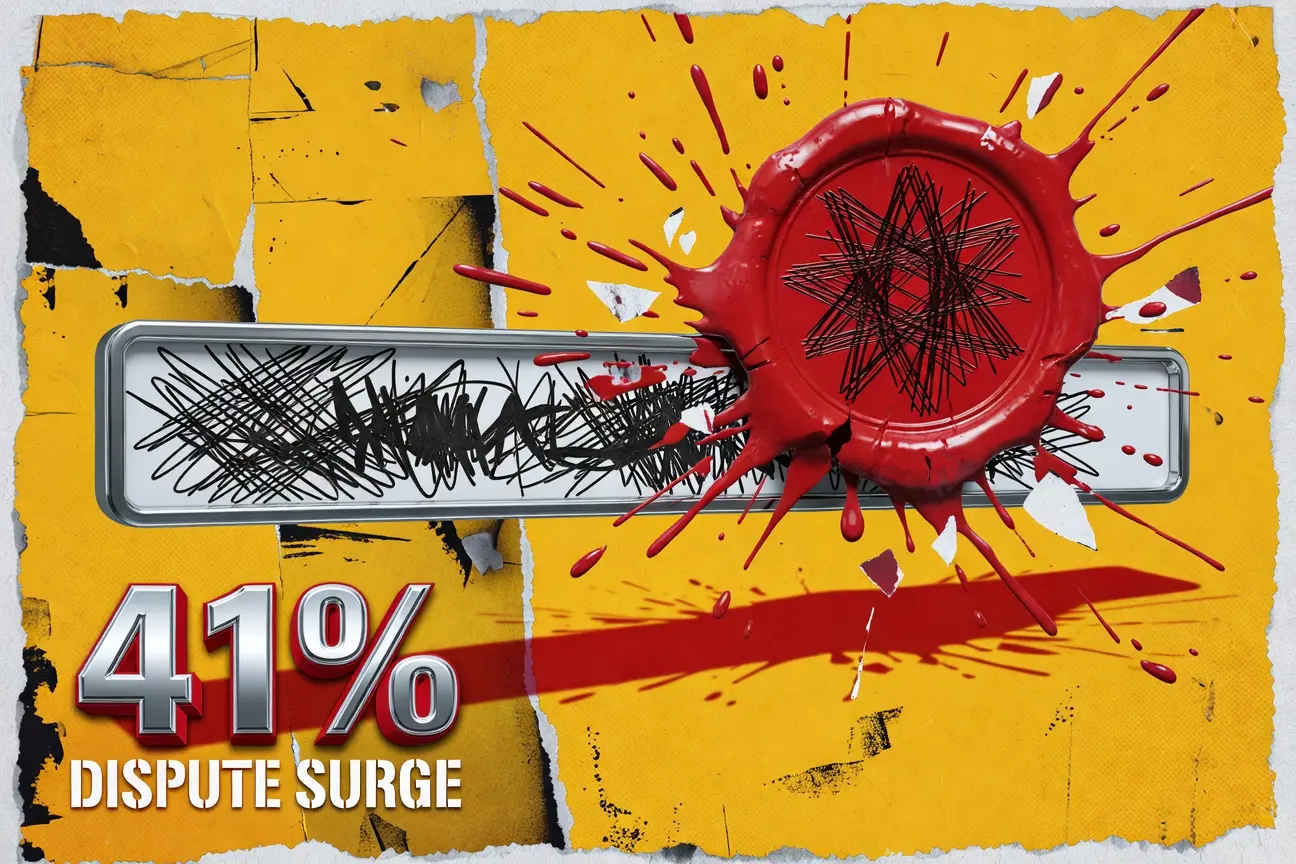 Browser address bar slammed by giant red void stamp showing UDRP domain dispute surge.
