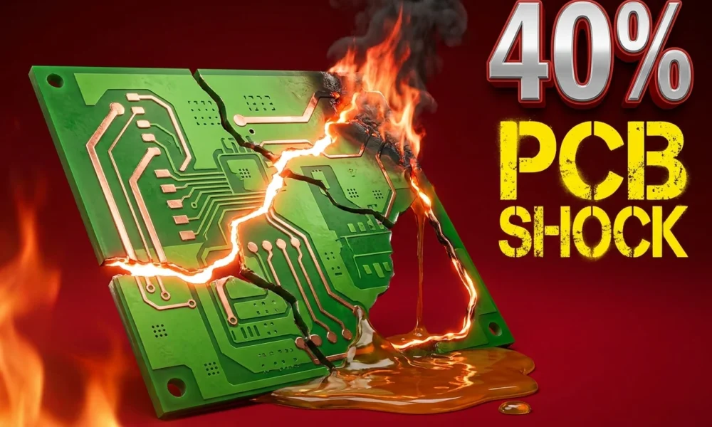 Burning fractured green PCB with melting amber resin and forty percent price shock overlay.