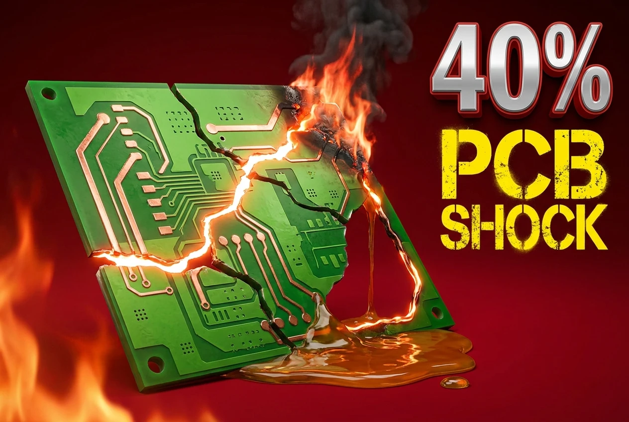 Burning fractured green PCB with melting amber resin and forty percent price shock overlay.