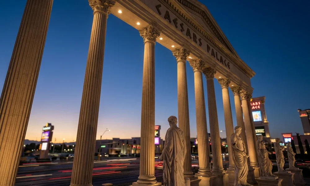 Caesars Palace facade lit at twilight ahead of Fertitta acquisition closing.
