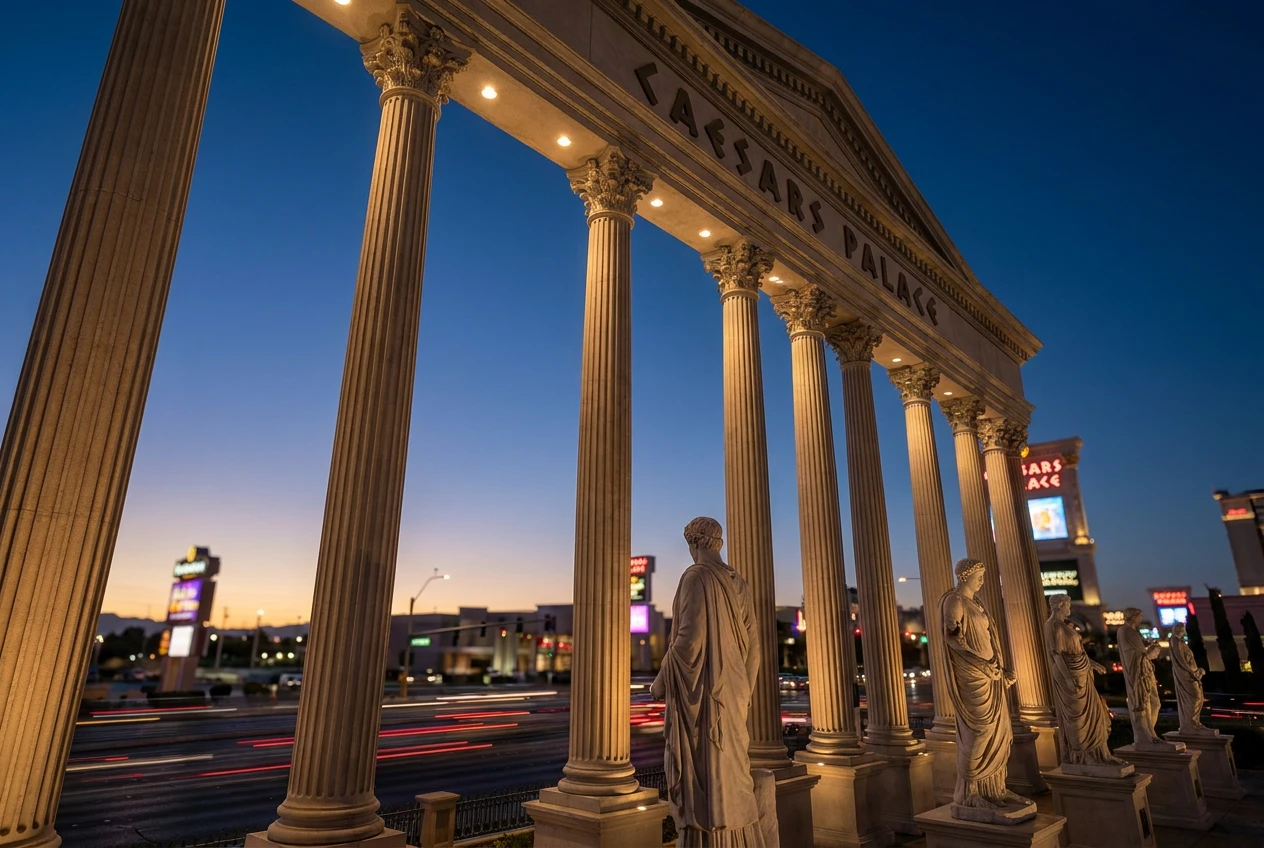 Caesars Palace facade lit at twilight ahead of Fertitta acquisition closing.