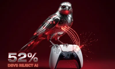 Chrome and crimson songbird perched on a PS5 controller with stark developer rejection percentage.
