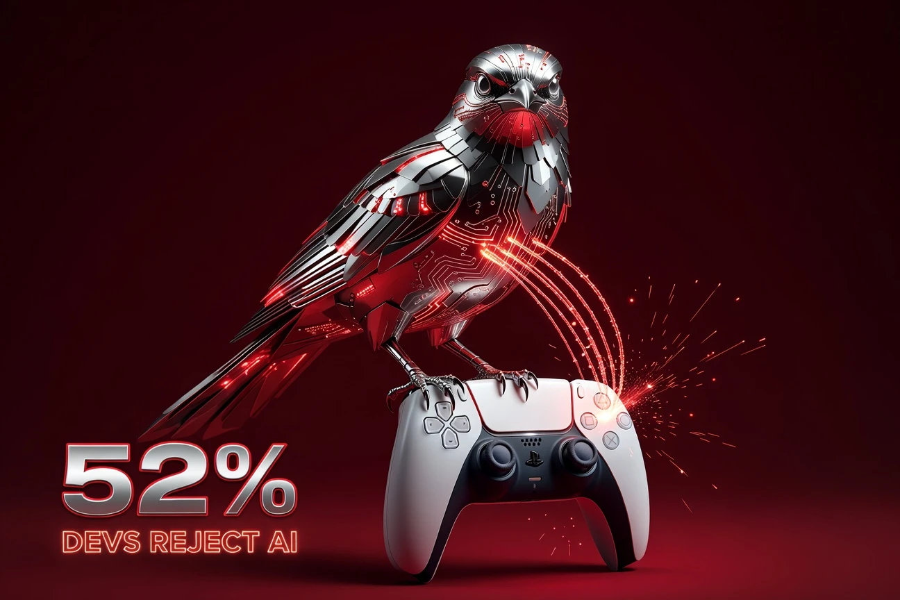 Chrome and crimson songbird perched on a PS5 controller with stark developer rejection percentage.