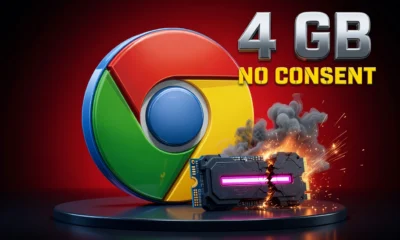 Chrome browser icon with a 4GB Gemini Nano weights file storage warning on a desktop drive.