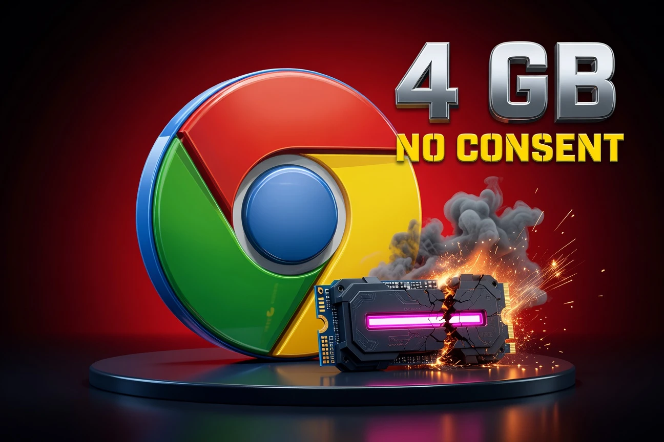 Chrome browser icon with a 4GB Gemini Nano weights file storage warning on a desktop drive.