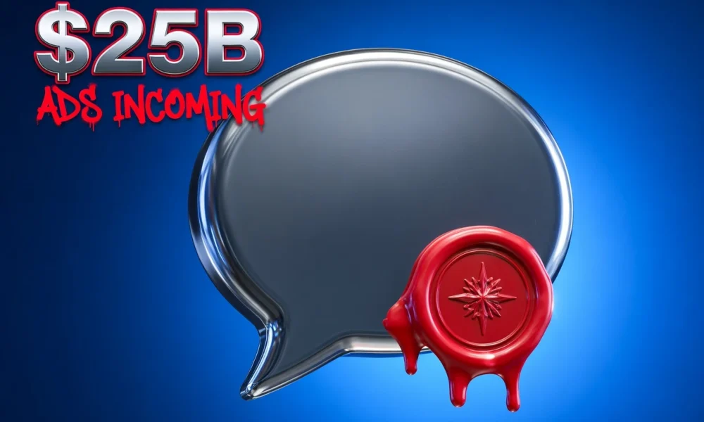 Chrome chat bubble stamped with red sponsored seal illustrating Google Gemini app ads.