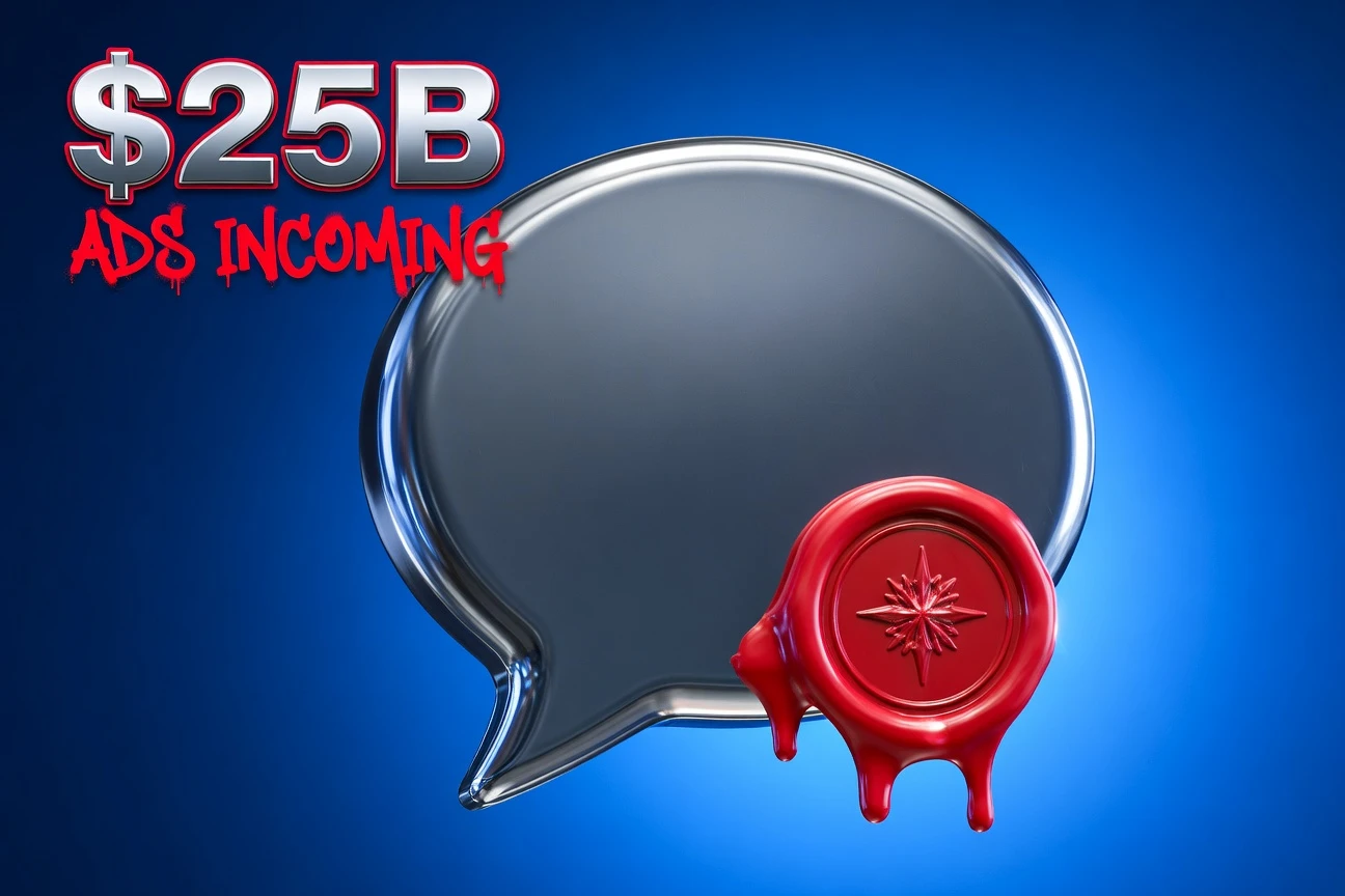 Chrome chat bubble stamped with red sponsored seal illustrating Google Gemini app ads.