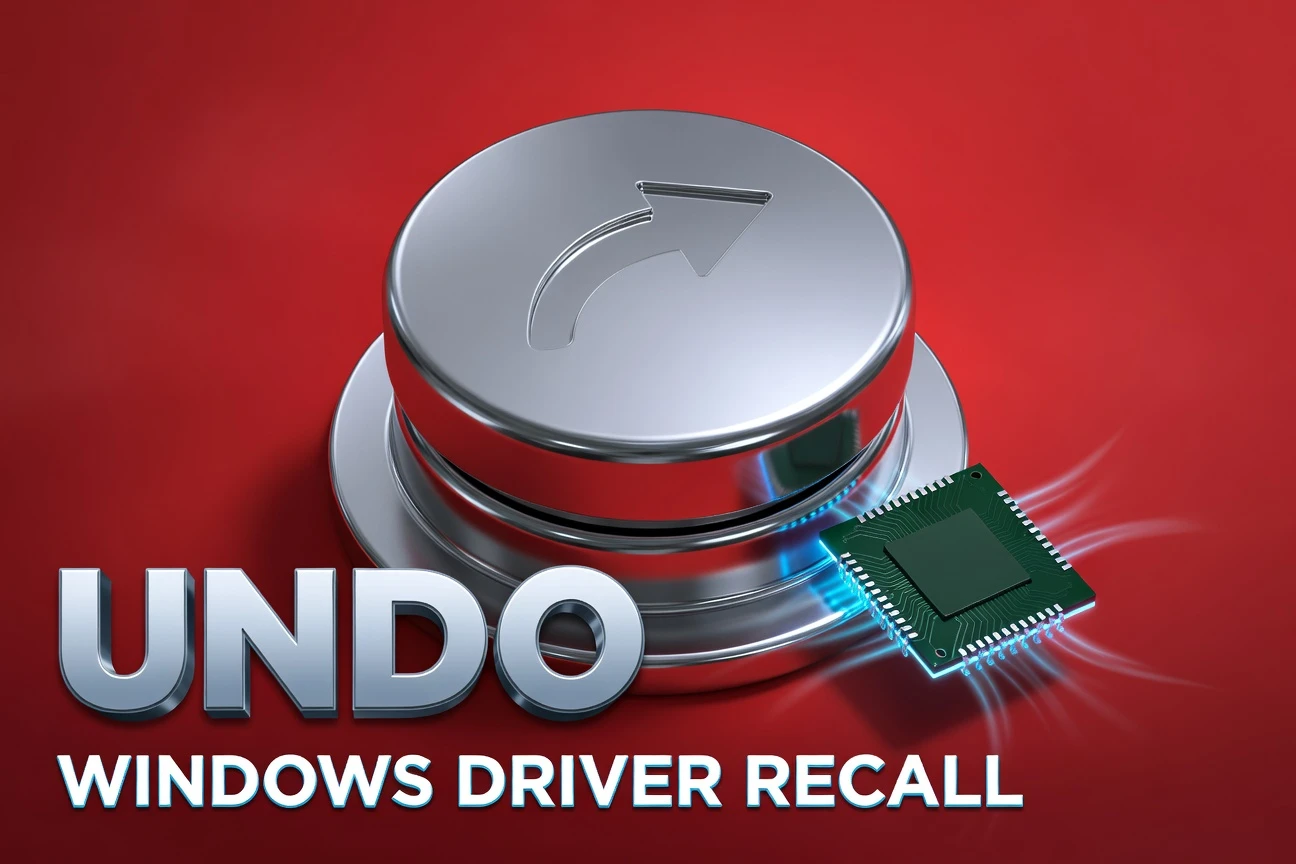 Chrome recall button hovering over a Windows driver chip against a deep crimson backdrop.