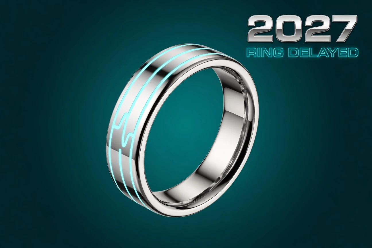 Chrome titanium smart ring with glowing health pulse line orbit on deep teal background.