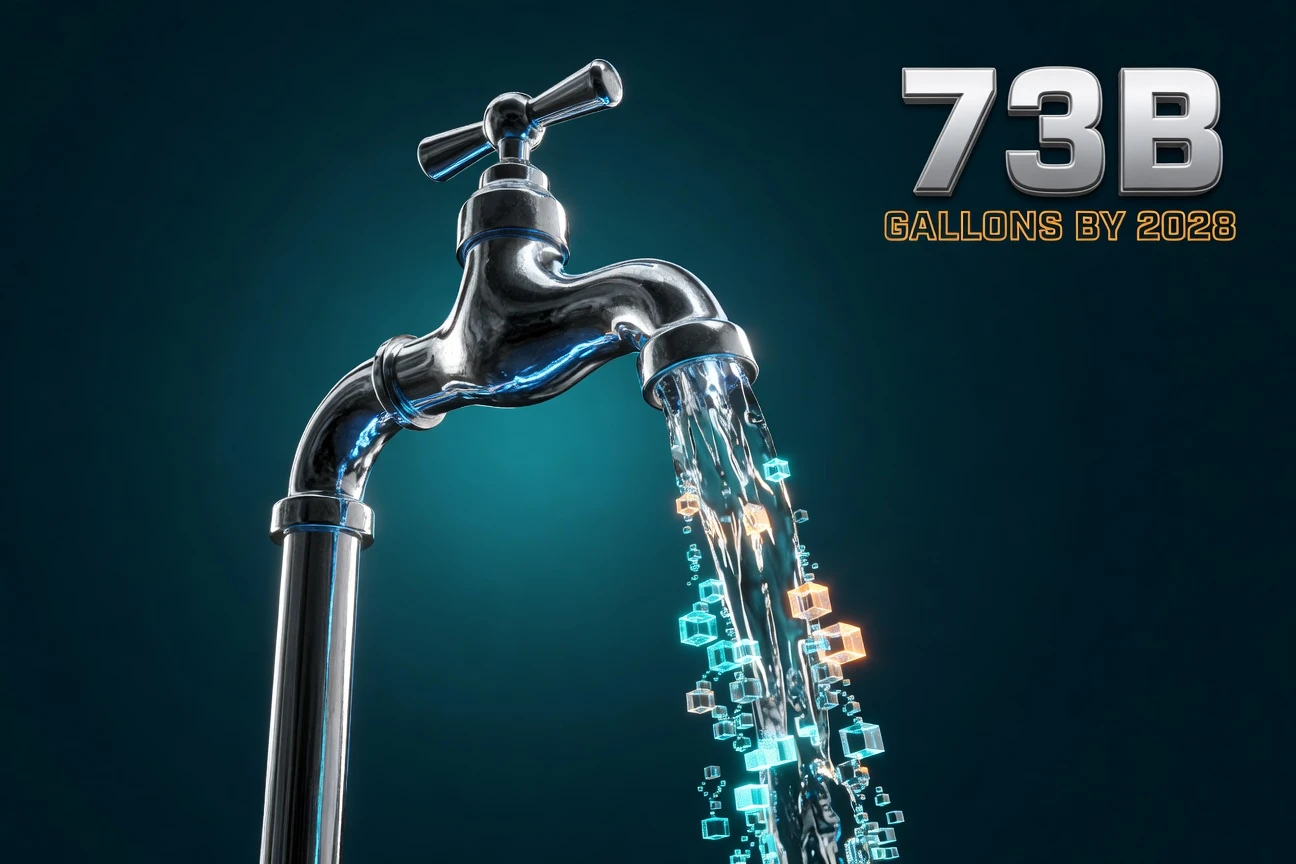 Chrome water faucet pouring blue data cubes representing AI water use forecast through 2028.