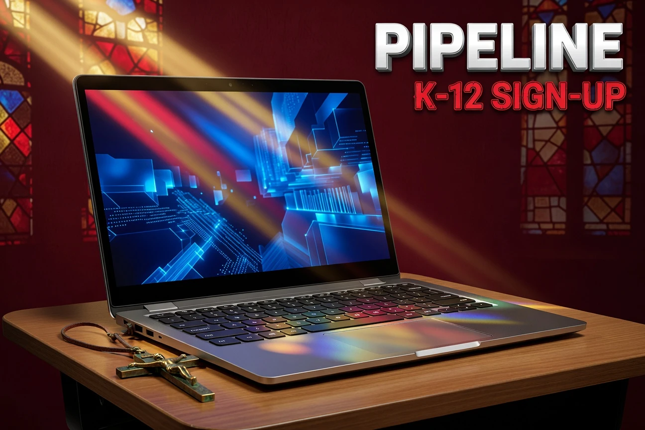 Chromebook with brass crucifix and stained glass light beam over Catholic school AI training scene.