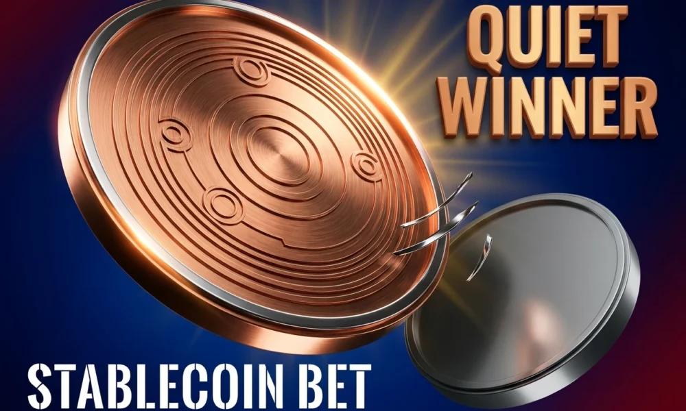 Circle USDC dominance shown as chrome coin beside smaller bank stablecoin rival.