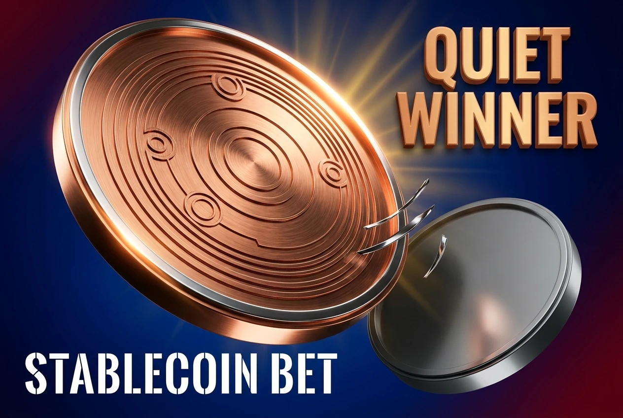 Circle USDC dominance shown as chrome coin beside smaller bank stablecoin rival.