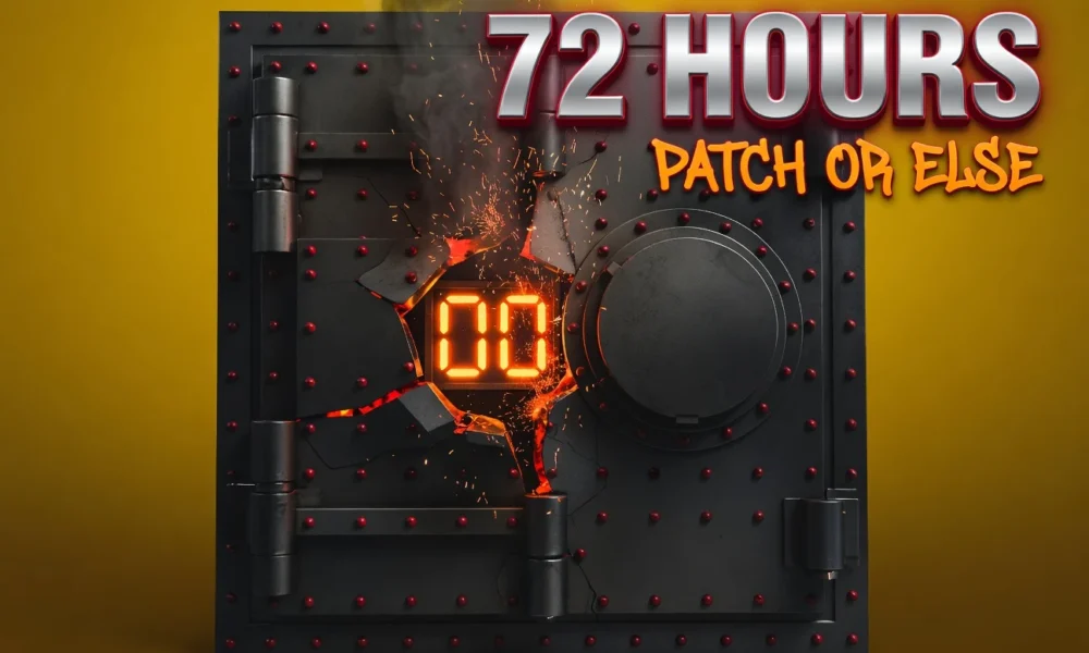 Conceptual graphic showing a federal cyber patch countdown clock with stark 72 hour deadline warning.