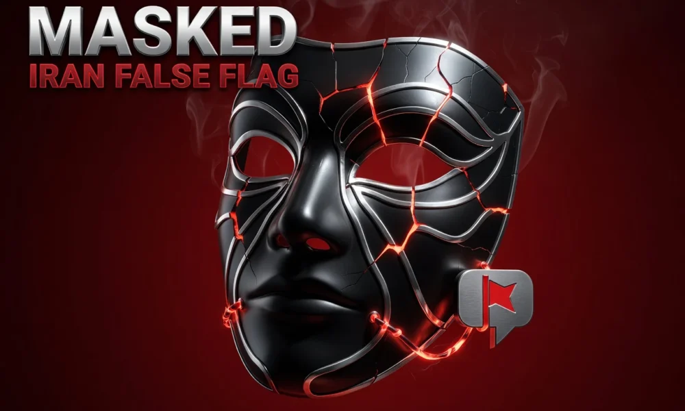 Cracked black theatrical mask glowing red represents Iran false flag ransomware operation.