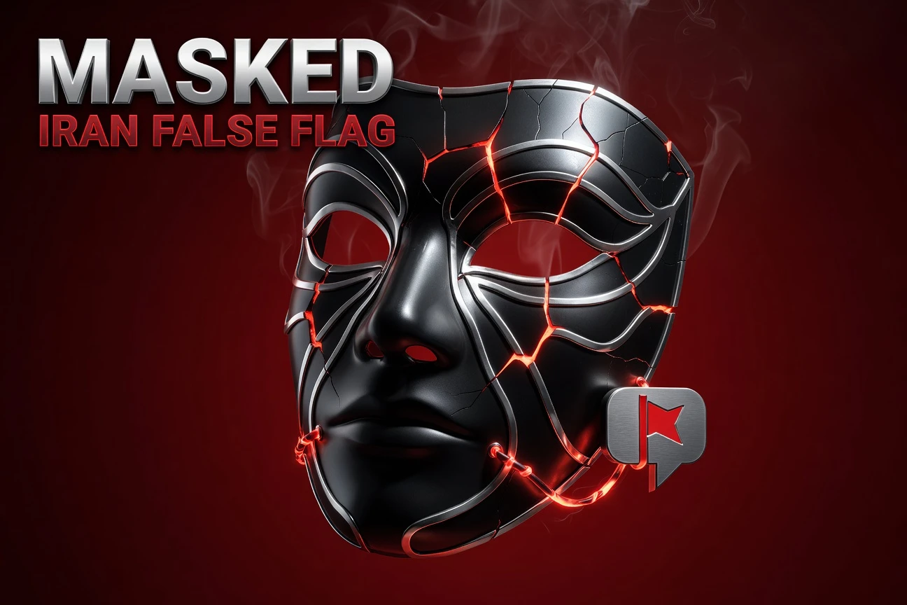 Cracked black theatrical mask glowing red represents Iran false flag ransomware operation.