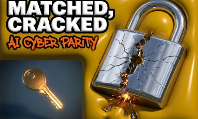 Cracked chrome padlock symbolizing GPT-5.5 and Mythos parity on AISI cyber benchmark tests.