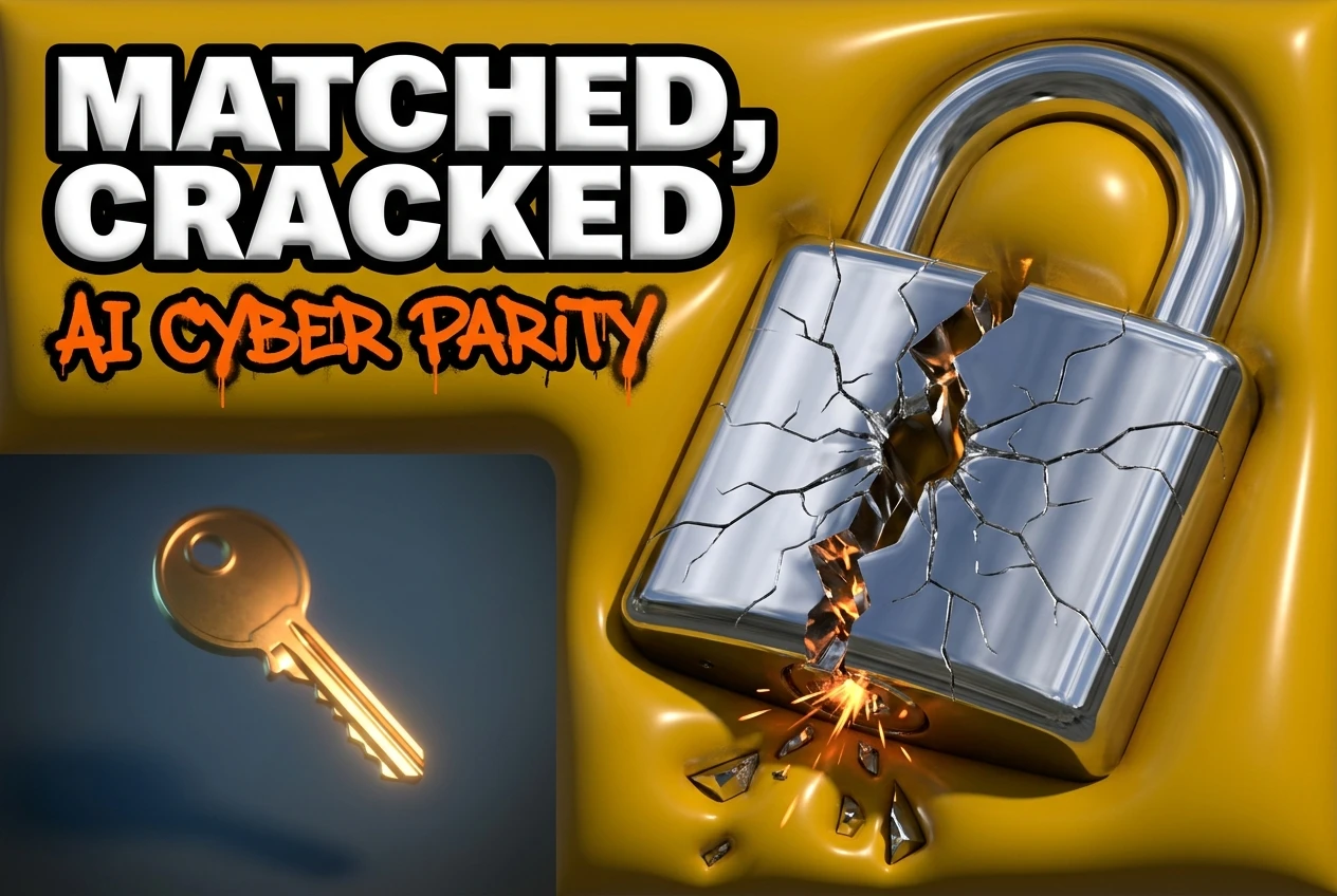 Cracked chrome padlock symbolizing GPT-5.5 and Mythos parity on AISI cyber benchmark tests.