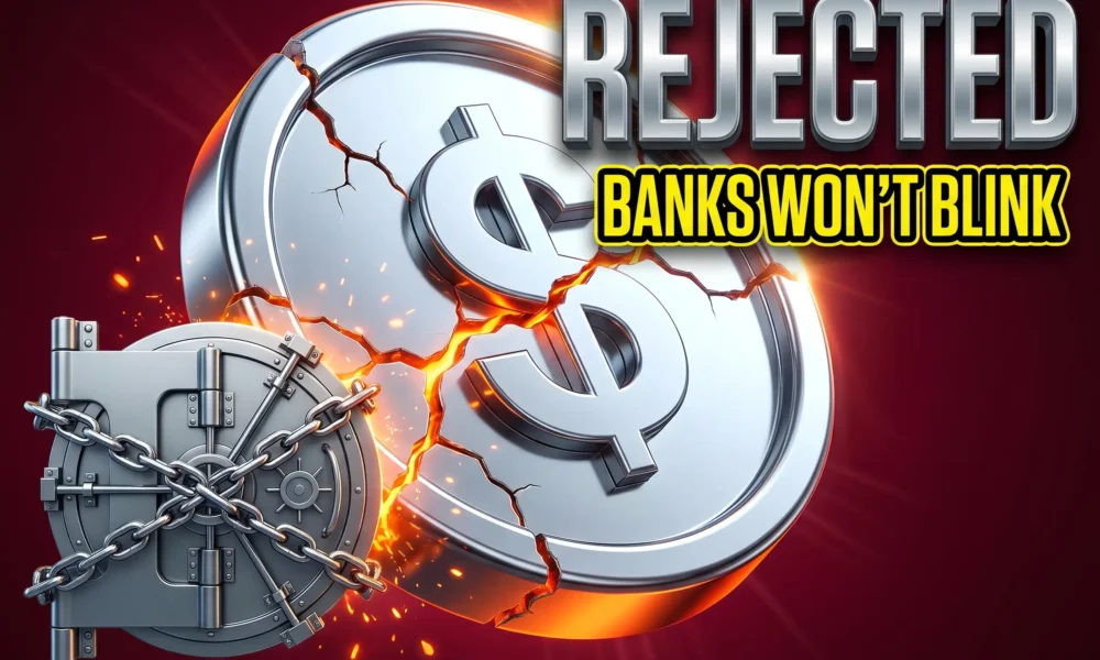 Cracked chrome stablecoin token bound by bank vault chain in CLARITY Act standoff.