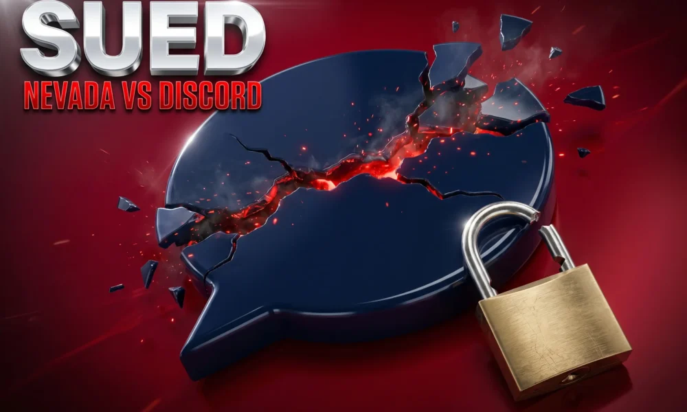 Cracked digital chat bubble symbolizing Nevada Discord lawsuit over child safety failures.