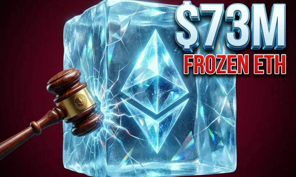 Cracked Ethereum coin frozen in ice with courthouse gavel in $73M Kelp DAO terror claim freeze.