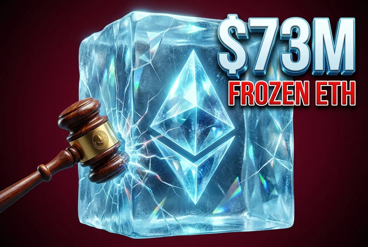 Cracked Ethereum coin frozen in ice with courthouse gavel in $73M Kelp DAO terror claim freeze.