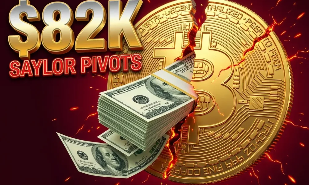 Cracked golden Bitcoin coin spilling cash bills as Strategy weighs selling BTC at 82K.