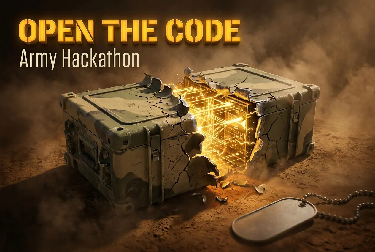 Cracked military comms chassis exposes glowing amber AI lattice at Fort Carson hackathon.