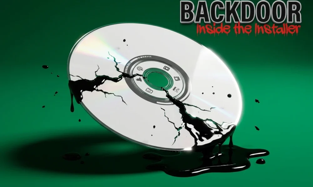Cracked optical disc leaking black ink representing a hidden backdoor in a trusted software installer.