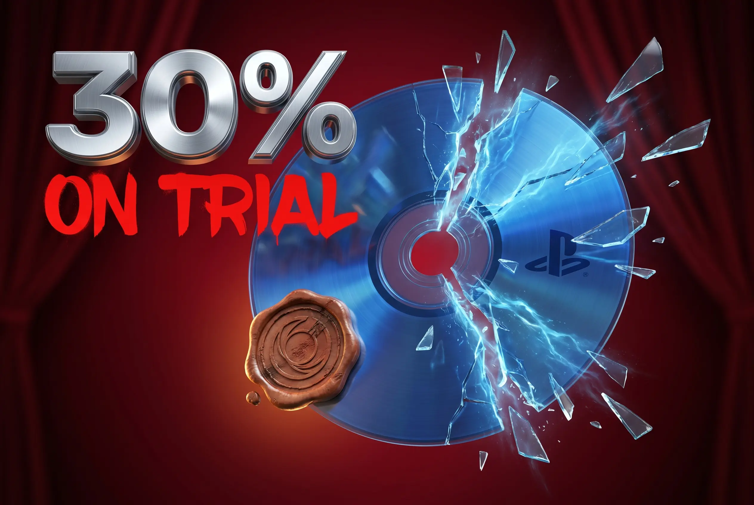 Cracked PlayStation digital game disc with 30 percent stamp shattering on courtroom desk.