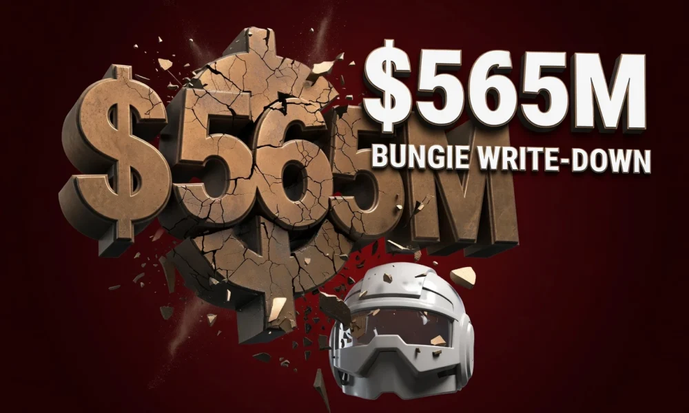 Cracked Sony Bungie impairment loss figure with Marathon helmet visor on burgundy news graphic.