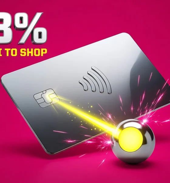 Credit card with glowing AI orb representing agentic commerce payments shift in 2026.