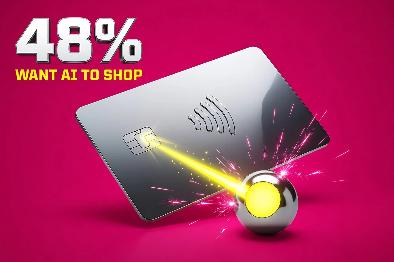 Credit card with glowing AI orb representing agentic commerce payments shift in 2026.