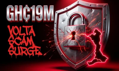 Cyber Security Authority shield over Volta Region map showing GHC19 million scam alert.